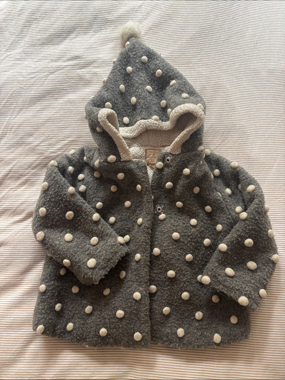Zara Gray Hooded Coat with Cream Pom Accents sz3-4